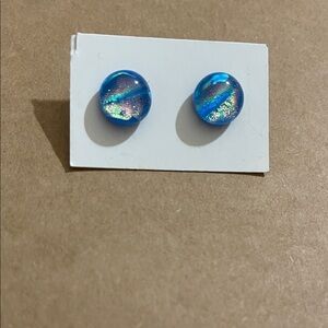 Handmade Fused Art Glass Dichroic Earrings! Blue Iridescent Stud Earrings!